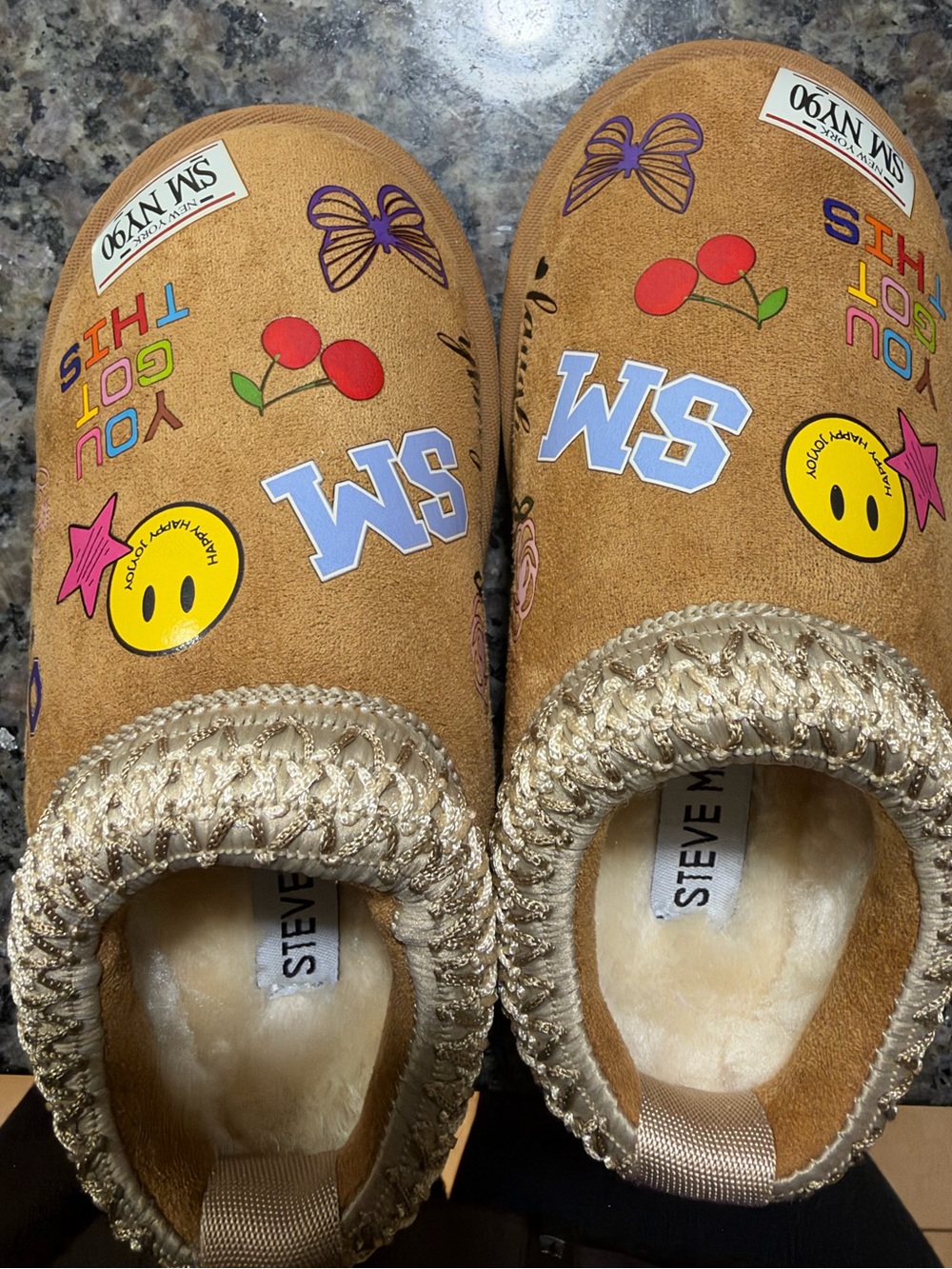 Steve Madden Kids Tan Slip-On Slippers with Colorful Graphic Accents